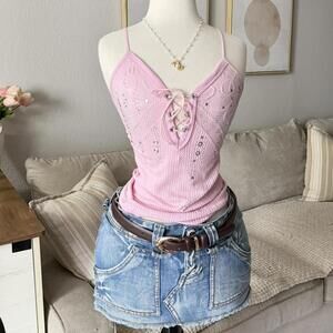 Pink Lace-Up Rhinestone Tank Top